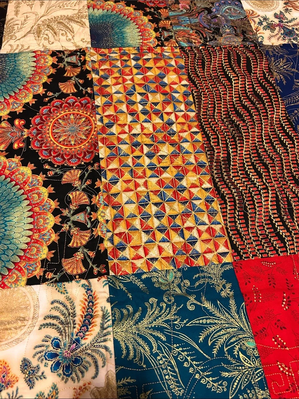 ONE OF A KIND- HANDCRAFTED Quilt W/Pharaoh Stiches, Multicolor Metallic